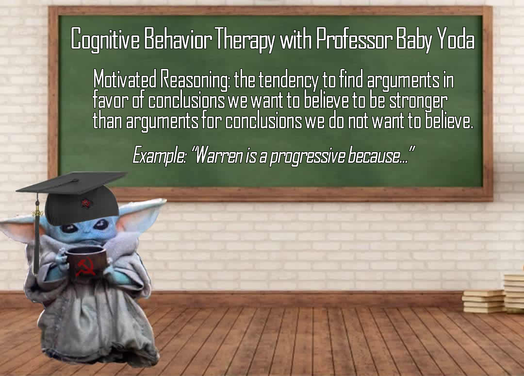 The meme is a humorous take on the concept of "motivated reasoning," a psychological phenomenon where people become more entrenched in their beliefs after being presented with evidence that contradicts them. The meme features a cartoon character, Baby Yoda, wearing a graduation cap and holding a cup of coffee, with a quote overlayed on top that reads: "Motivated reasoning: the tendency to find arguments in favor of conclusions we want to believe."